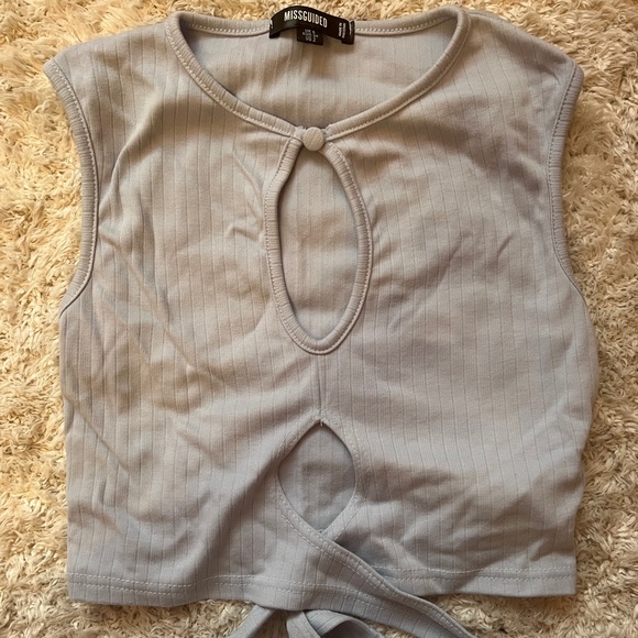 MISSGUIDED baby blue rib cut out tie waist crop top, size UK6 - Picture 2 of 3